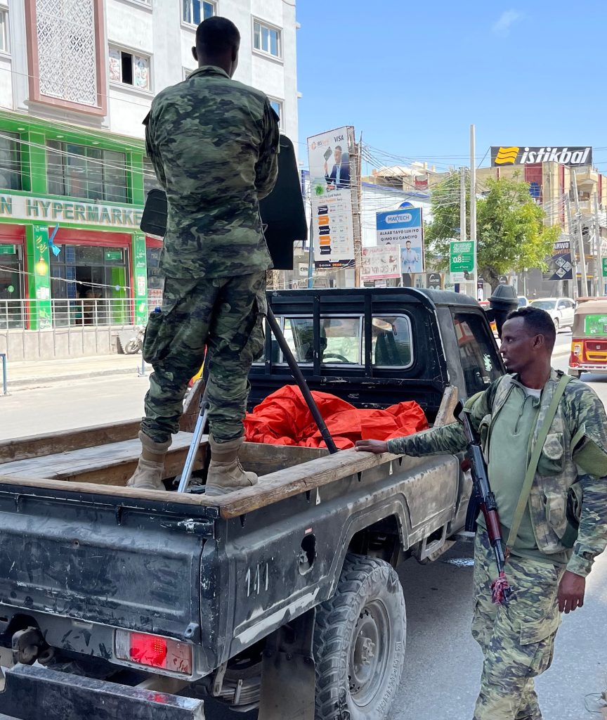 Soldiers patrolling the streets of Mogadishu, the Somali capital. ©Rodney Muhumuza